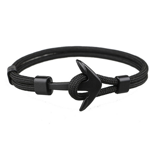 Close-up of the stainless steel anchor clasp on a black nylon men's bracelet - Let's Jam jewellery, Camden Town