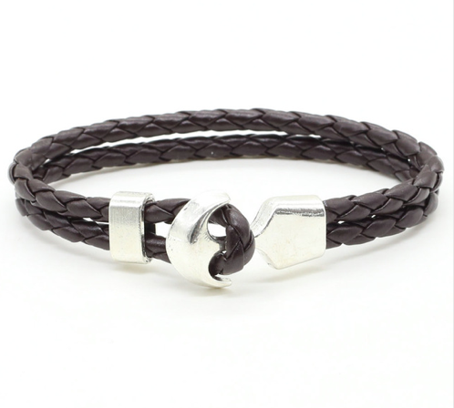 Dark brown braided leather men's bracelet with silver anchor hook clasp - Let's Jam jewellery collection