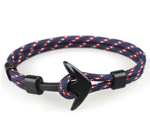 Men's nylon rope bracelet fastened on the wrist, anchor detail facing up - Let's Jam jewellery, Camden Market