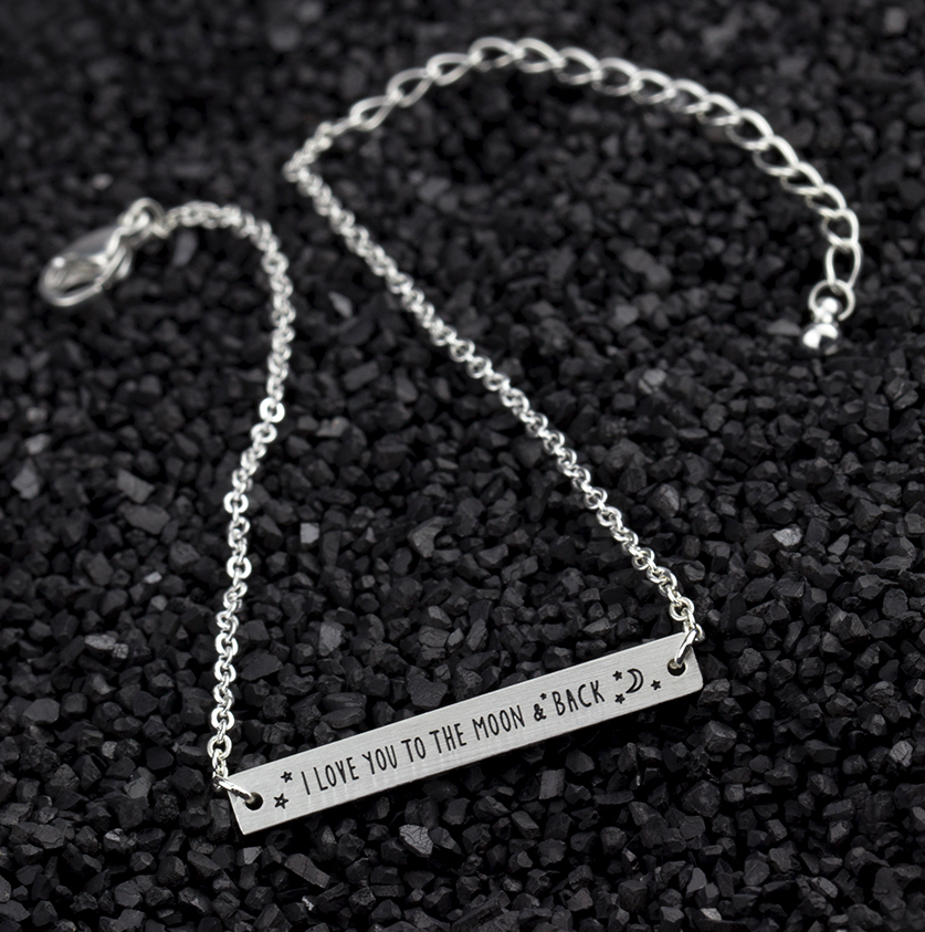 Gold bar bracelet engraved with I Love You To The Moon and Back - Let's Jam jewellery, Camden Market