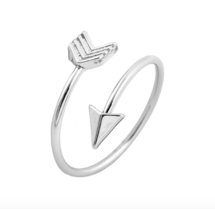 Silver open-band ring shaped like an arrow, with a feathered tail and pointed arrowhead wrapping the finger - Let's Jam jewellery collection