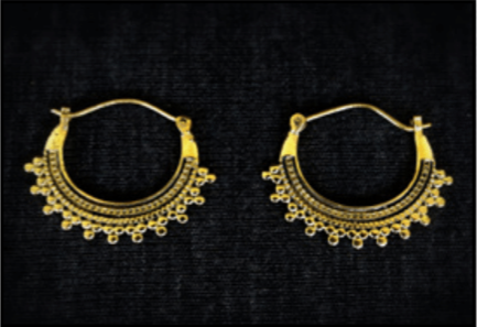 Gold ethnic crescent hoop earrings with intricate filigree and beaded trim detail - Let's Jam jewellery collection