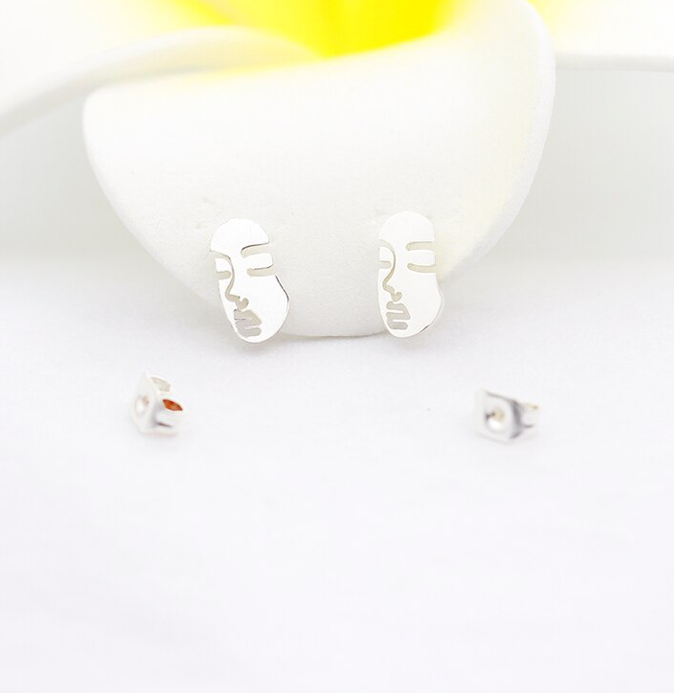 Silver colour abstract face silhouette stud earrings - Let's Jam jewellery, Camden Market London