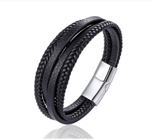Black braided leather men's bracelet with a dark gunmetal clasp - Let's Jam, Camden Market, London
