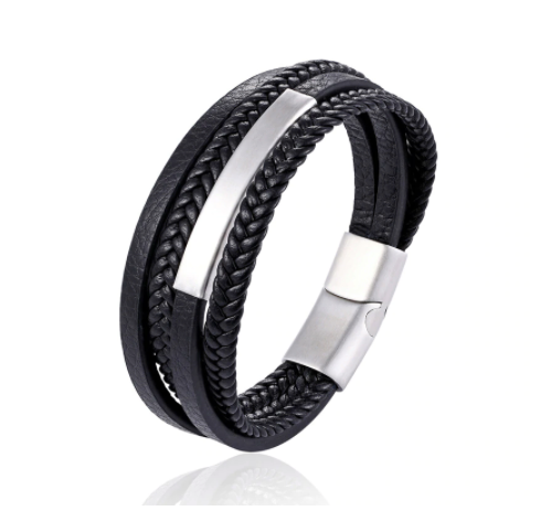 Multi-strand black leather bracelet coiled to show its plaited strands - Let's Jam jewellery, Camden Town London