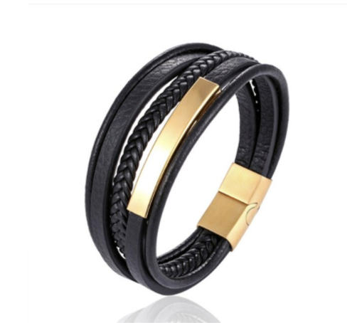Black braided leather multi-strand men's bracelet with gold bar magnetic clasp - Let's Jam jewellery collection