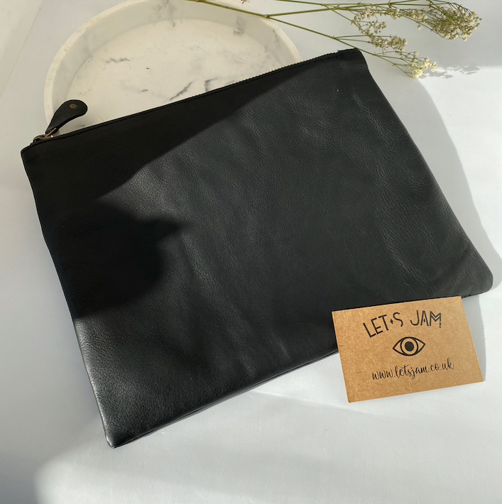 Leather clutch styled on a marble dish with dried flowers alongside - Let's Jam, Camden Market, London