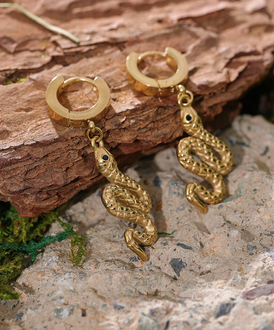 Rear view of the model showing both snake drop earrings - Let's Jam, Camden Town