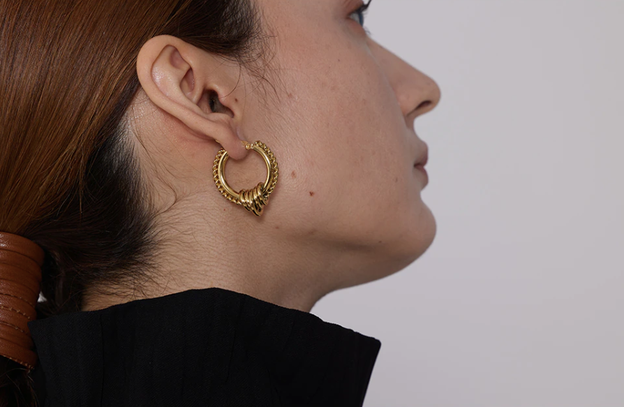 Gold-plated stainless steel hoop earrings with an interlocking ring detail - Let's Jam, Camden Market
