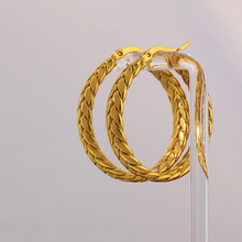 Load image into Gallery viewer, Wide gold hoop earring shown from behind the ear - Let's Jam jewellery, Camden Market