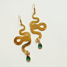 Load image into Gallery viewer, Gold-plated snake earrings coiled into a hoop with a green crystal charm - Let's Jam jewellery, Camden Market