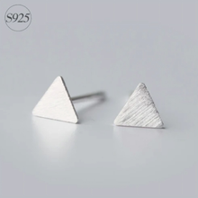 Load image into Gallery viewer, Close-up of a small polished silver triangle stud earring - Let's Jam, Camden Market London
