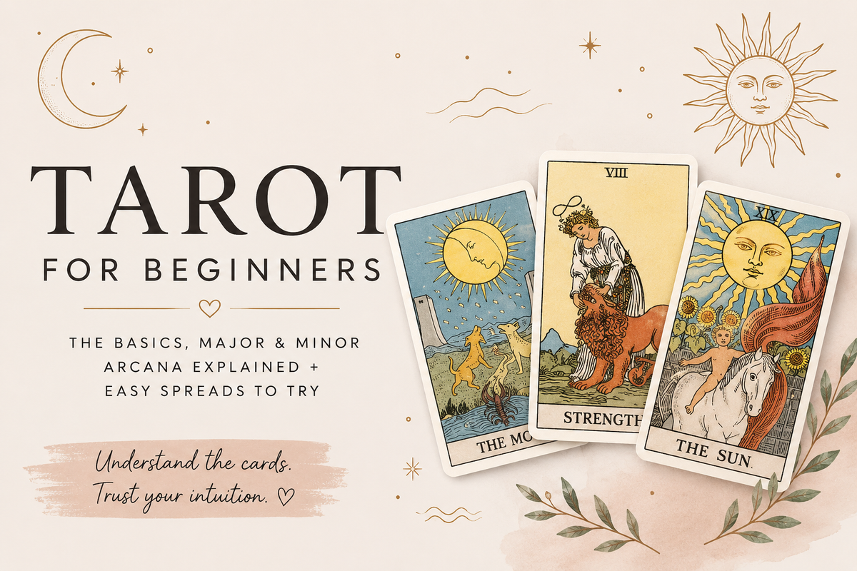 Tarot for Beginners guide featuring The Moon, Strength and The Sun tarot cards with celestial moon, sun and star illustrations.