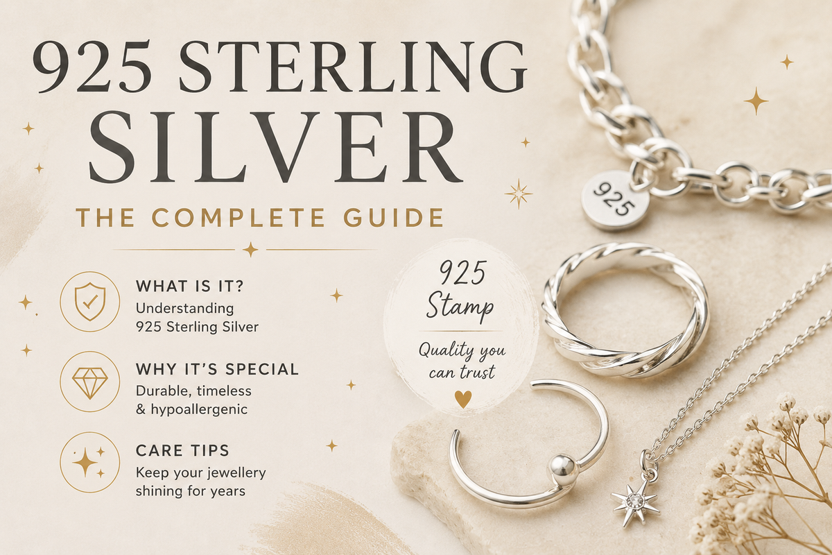 925 sterling silver jewellery guide featuring a silver ring, bracelet and necklace with a 925 stamp, explaining sterling silver quality and care.