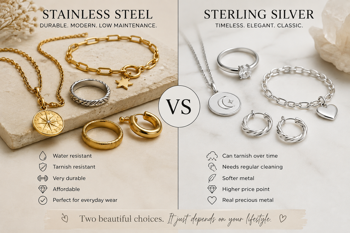 Stainless steel vs sterling silver jewellery comparison showing gold and silver necklaces, rings, bracelets and earrings.