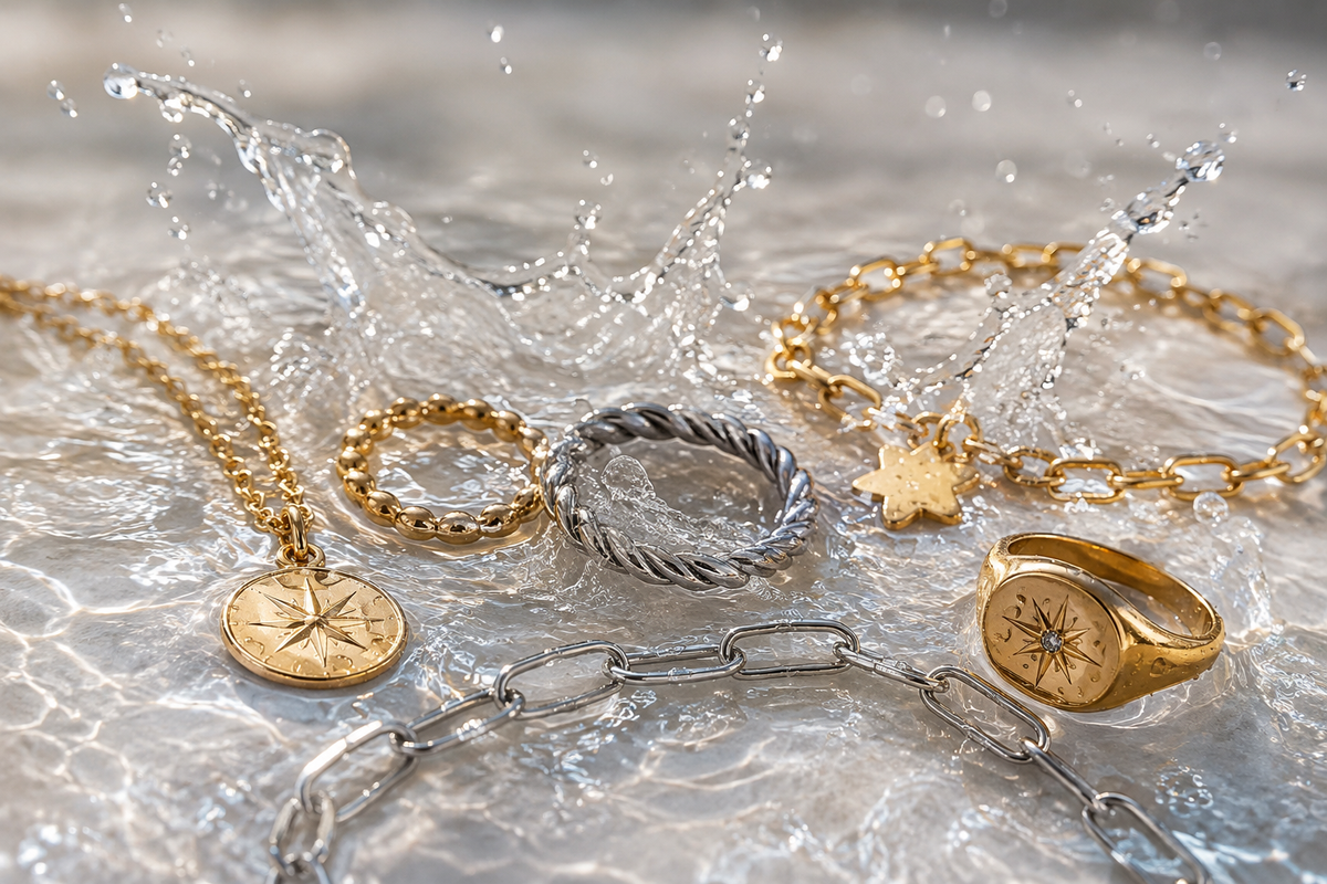 Waterproof gold and silver jewellery splashing in water, featuring rings, necklaces and bracelets.