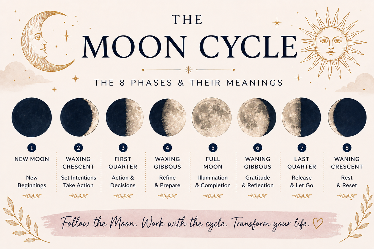 The eight phases of the Moon from New Moon to Waning Crescent, illustrating the complete lunar cycle and the traditional meaning associated with each phase.