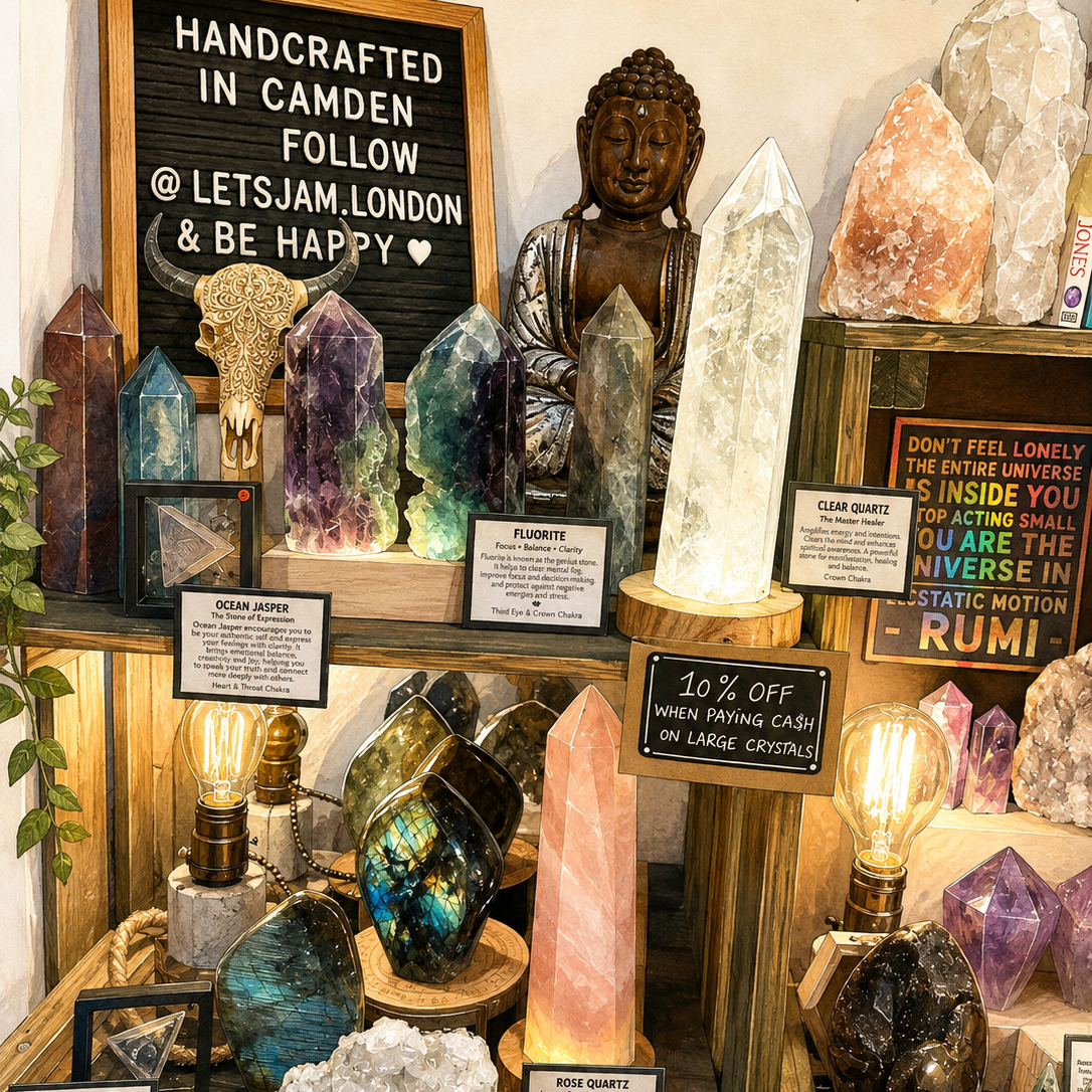 Illustrated crystal shelves with amethyst, labradorite, rose quartz and clear quartz towers under a Handcrafted in Camden sign - Let's Jam, Camden Town