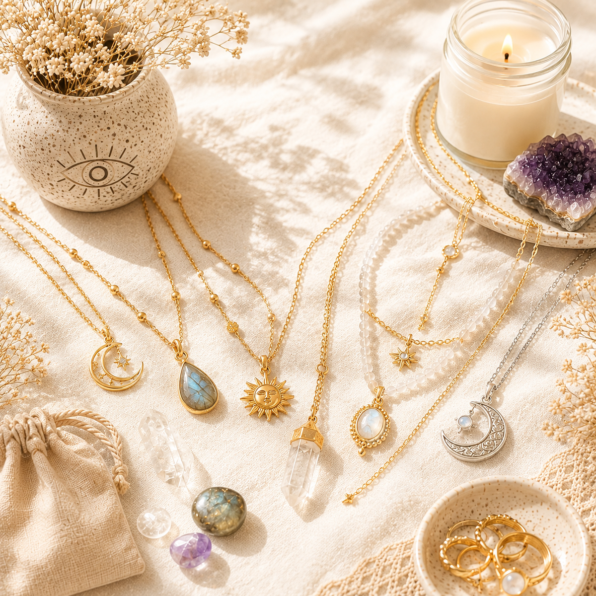 Cream flat lay of gold celestial necklaces, crystal pendants and rings in natural sunlight - Let's Jam, Camden Market London