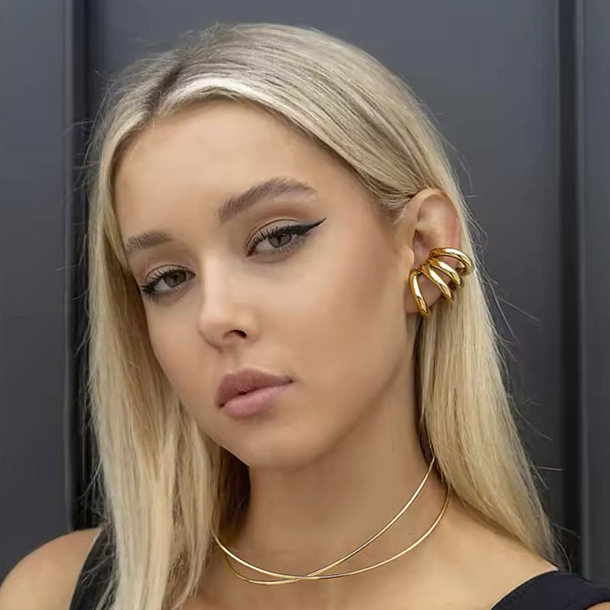 Silver stainless steel ear cuff with four stacked loops, no piercing needed - Let's Jam, Camden Market