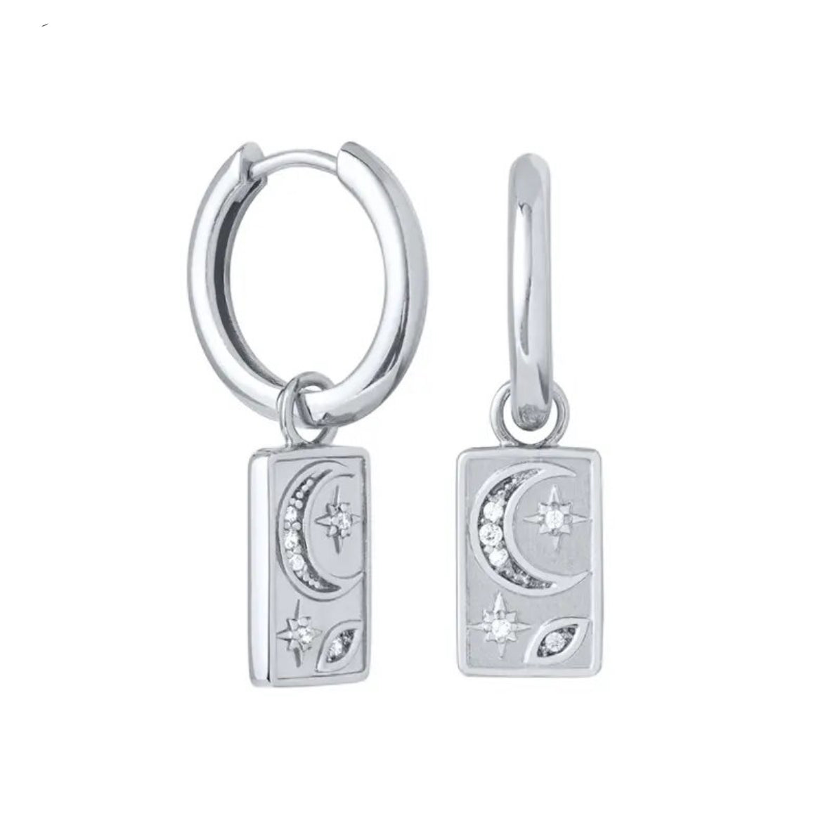 Rectangular charm earrings engraved with a crescent moon and stars - Let's Jam, Camden Town