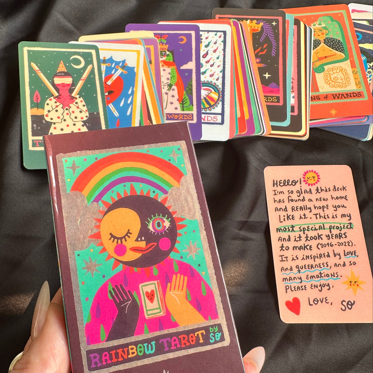 The Rainbow Tarot deck box with its bright sun-and-rainbow cover illustration - Let's Jam tarot and oracle, Camden Market