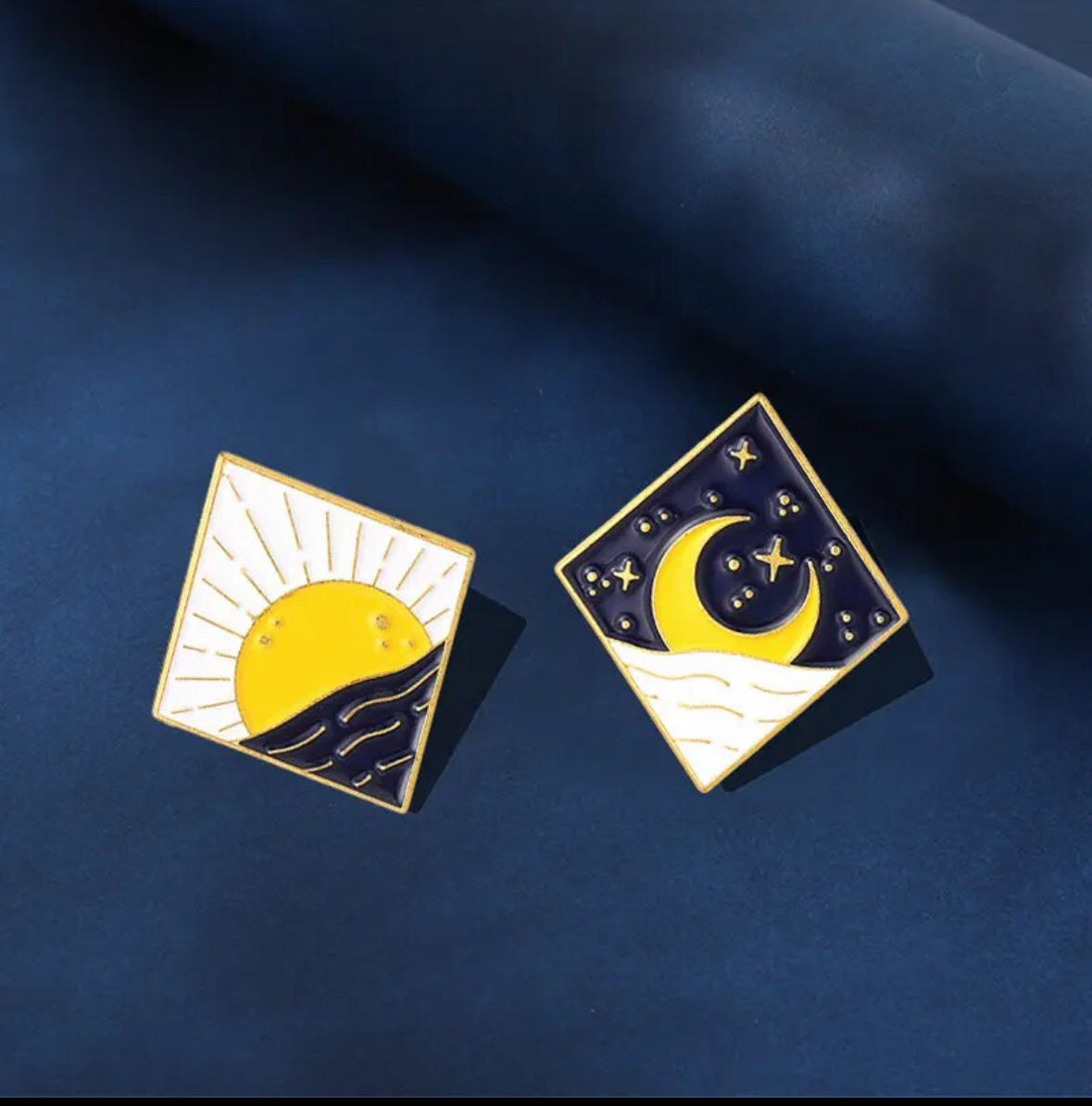 Sun and Moon diamond-shaped enamel pin set in gold and navy - Let's Jam pin collection
