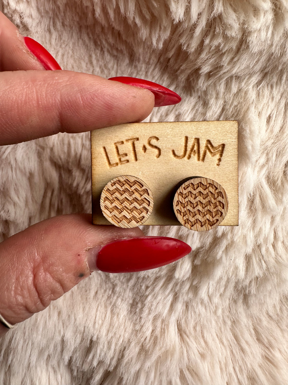 Round wooden stud earrings engraved with a chevron zigzag pattern - Let's Jam jewellery, Camden Market