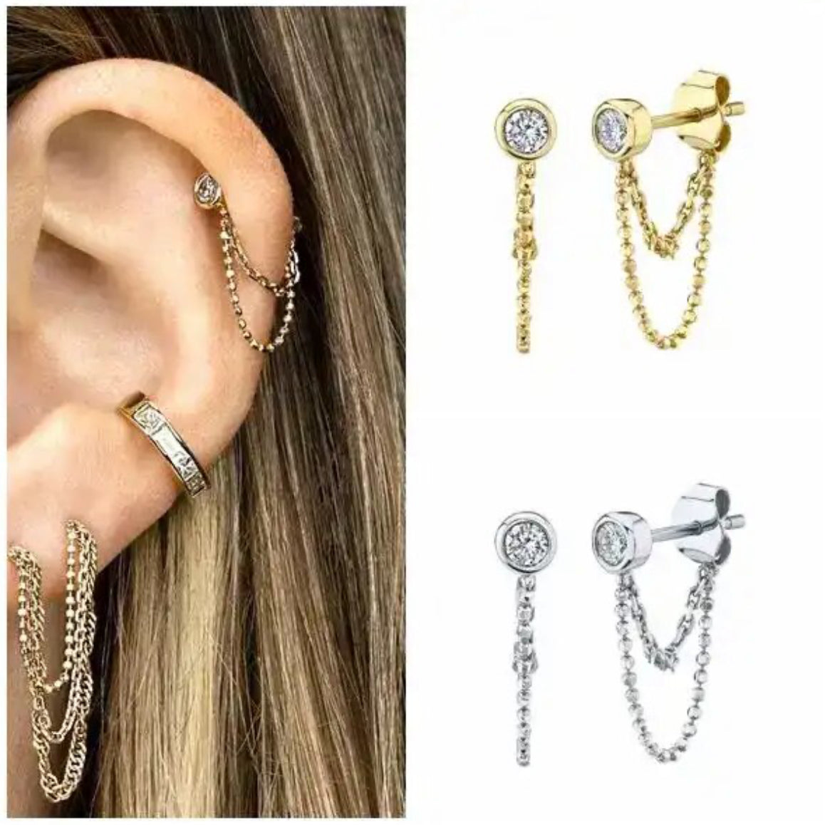Detail of the beaded double-loop chain on the zirconia stud earring - Let's Jam jewellery, Camden Town
