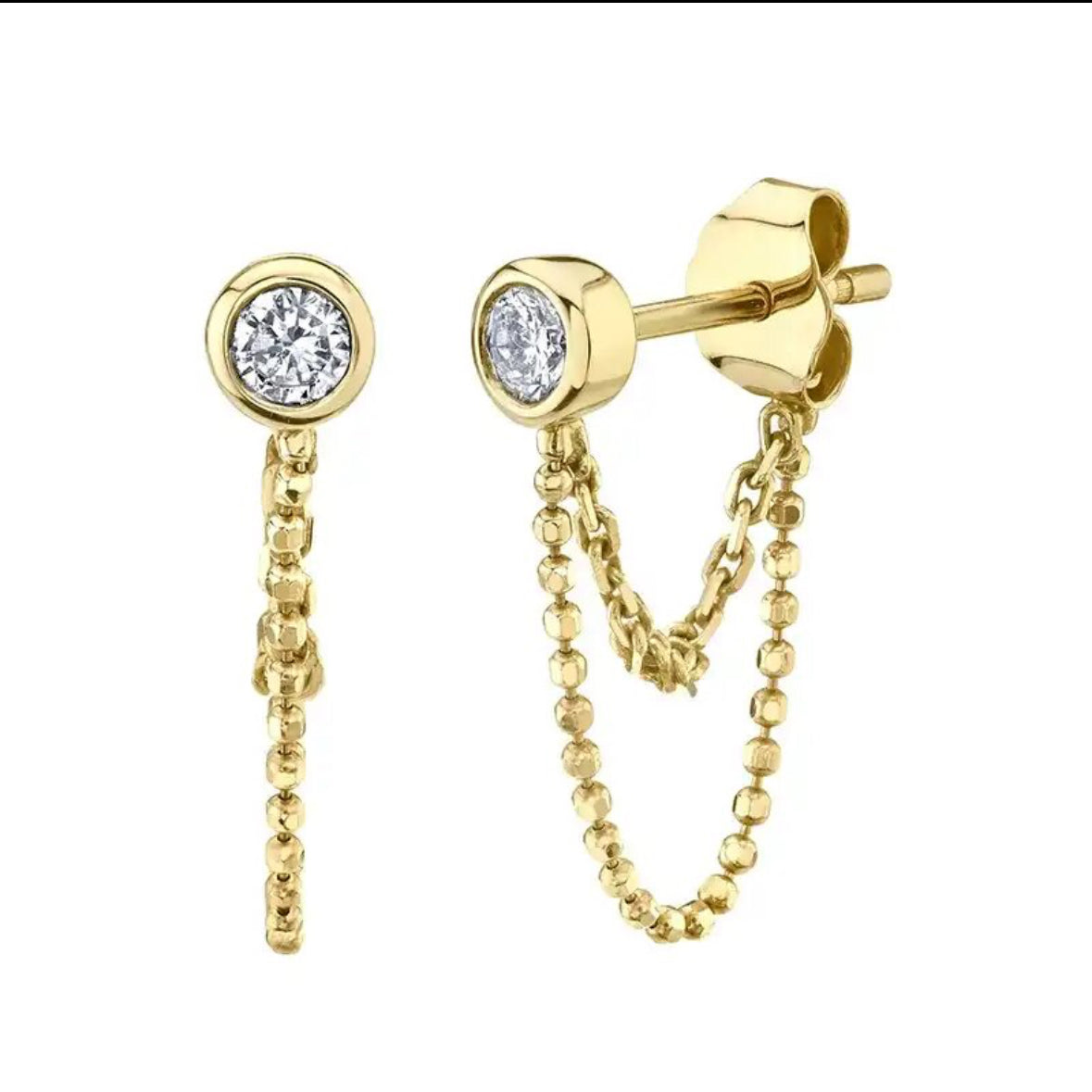 Silver stud earrings with beaded chain drops, shown side by side - Let's Jam, Camden Market