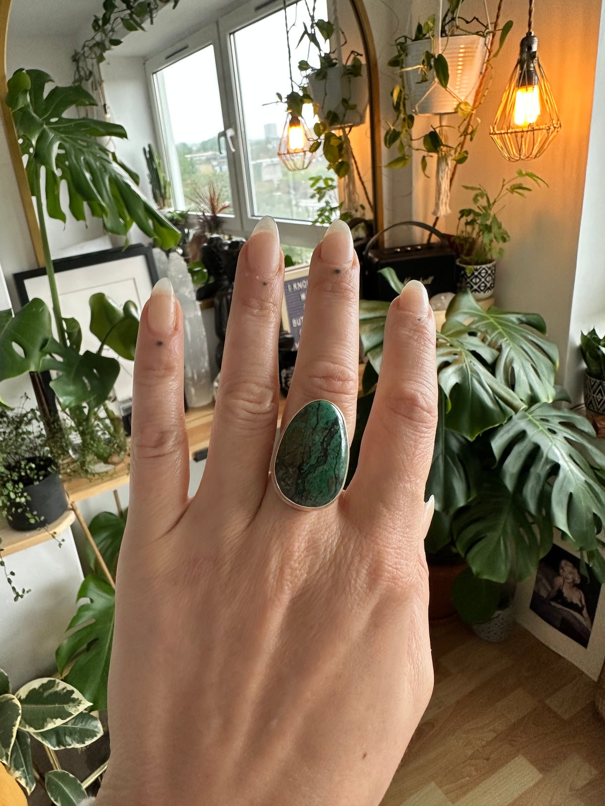 African turquoise ring in 925 sterling silver with a green teardrop cabochon - Let's Jam handmade jewellery, Camden Market