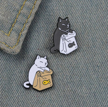 Load image into Gallery viewer, Pins / Badges - Cat with a bag of Fish
