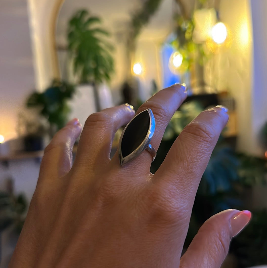 Eye shaped 925 sterling silver ring set with black obsidian - Let's Jam handmade jewellery, Camden Market
