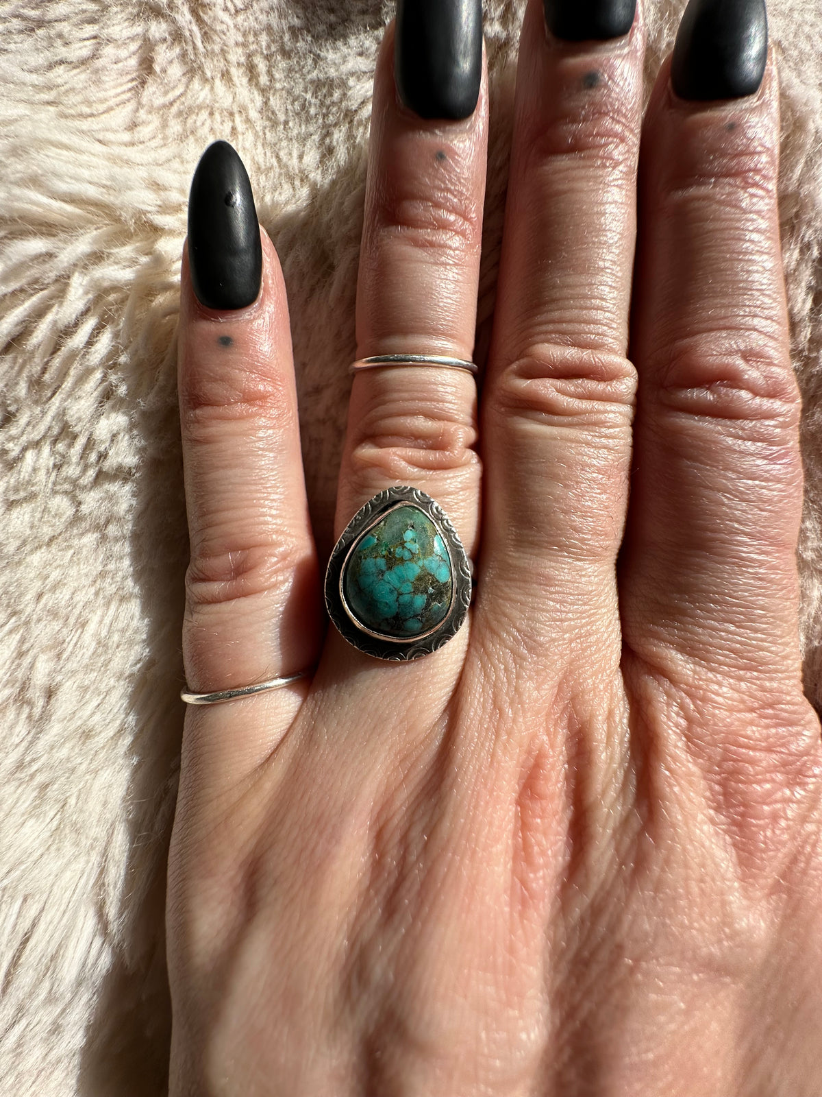 Teardrop turquoise ring in a hand-hammered sterling silver bezel - Let's Jam jewellery, Camden Market