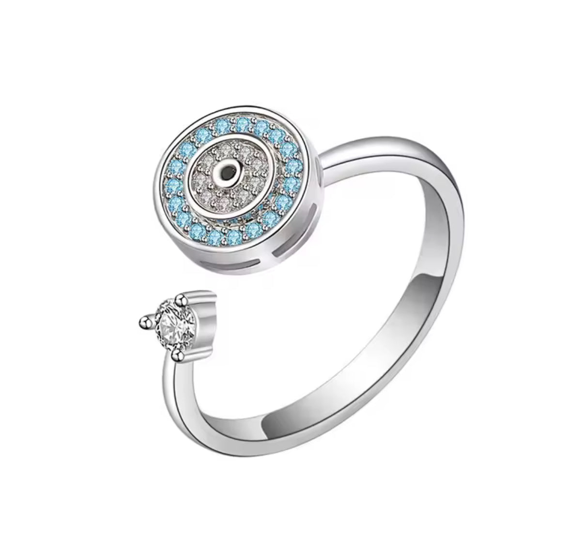 Silver stainless steel fidget spinner ring with blue crystal halo and cubic zirconia accent, adjustable anxiety ring on a white background - Let's Jam jewellery collection