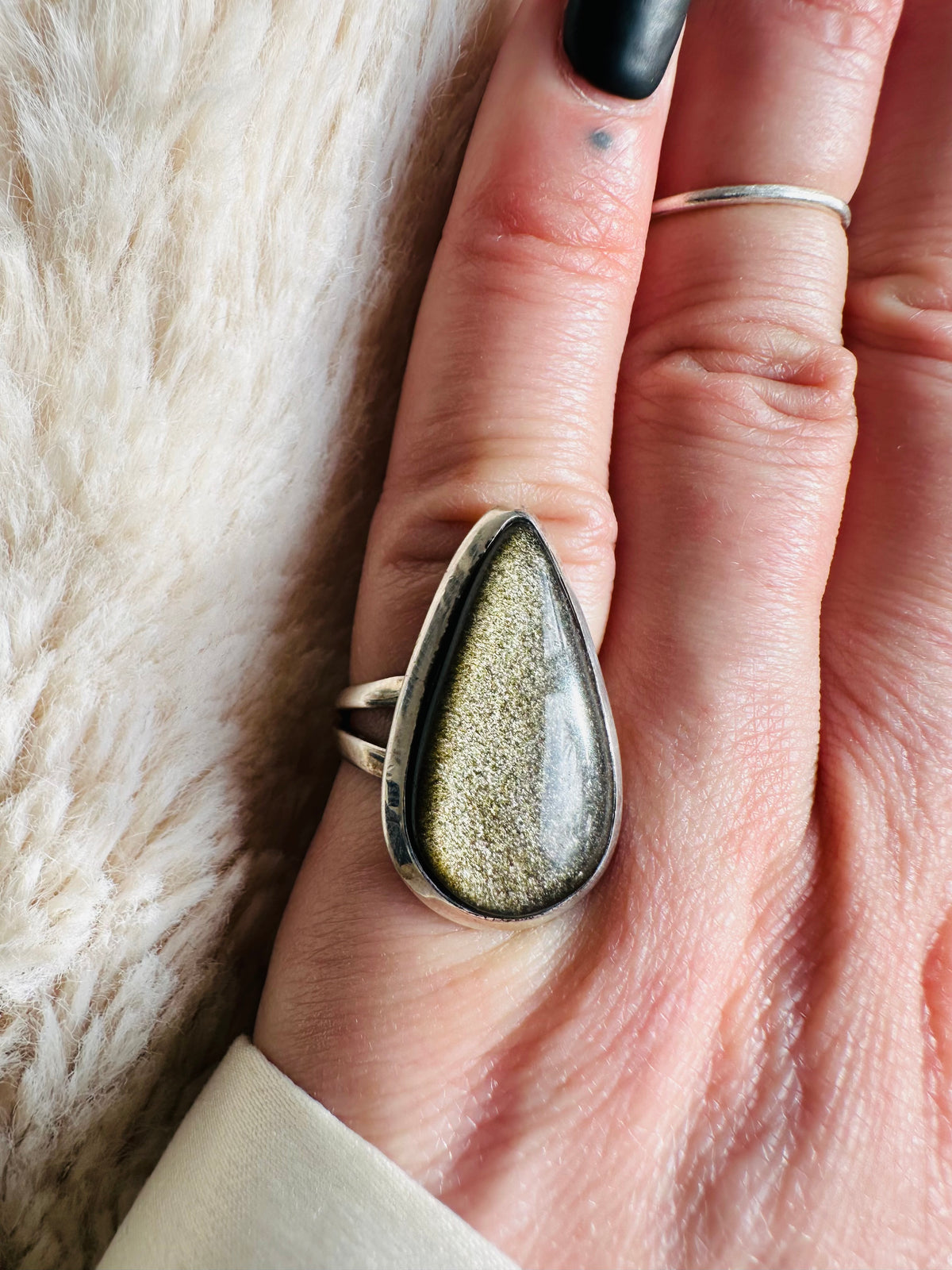 Handmade 925 sterling silver ring with a teardrop gold sheen black obsidian cabochon showing a shimmering golden shine, one-of-a-kind gemstone ring - Let's Jam jewellery collection