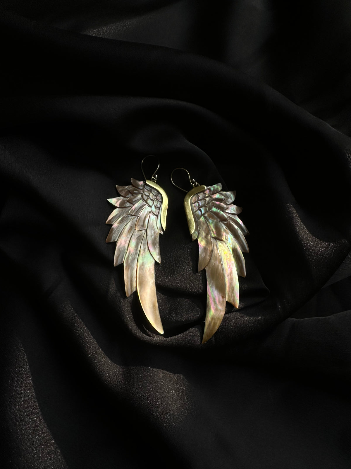 Handcrafted brass angel wing drop earrings with mother of pearl inlay - Let's Jam jewellery, Camden Market