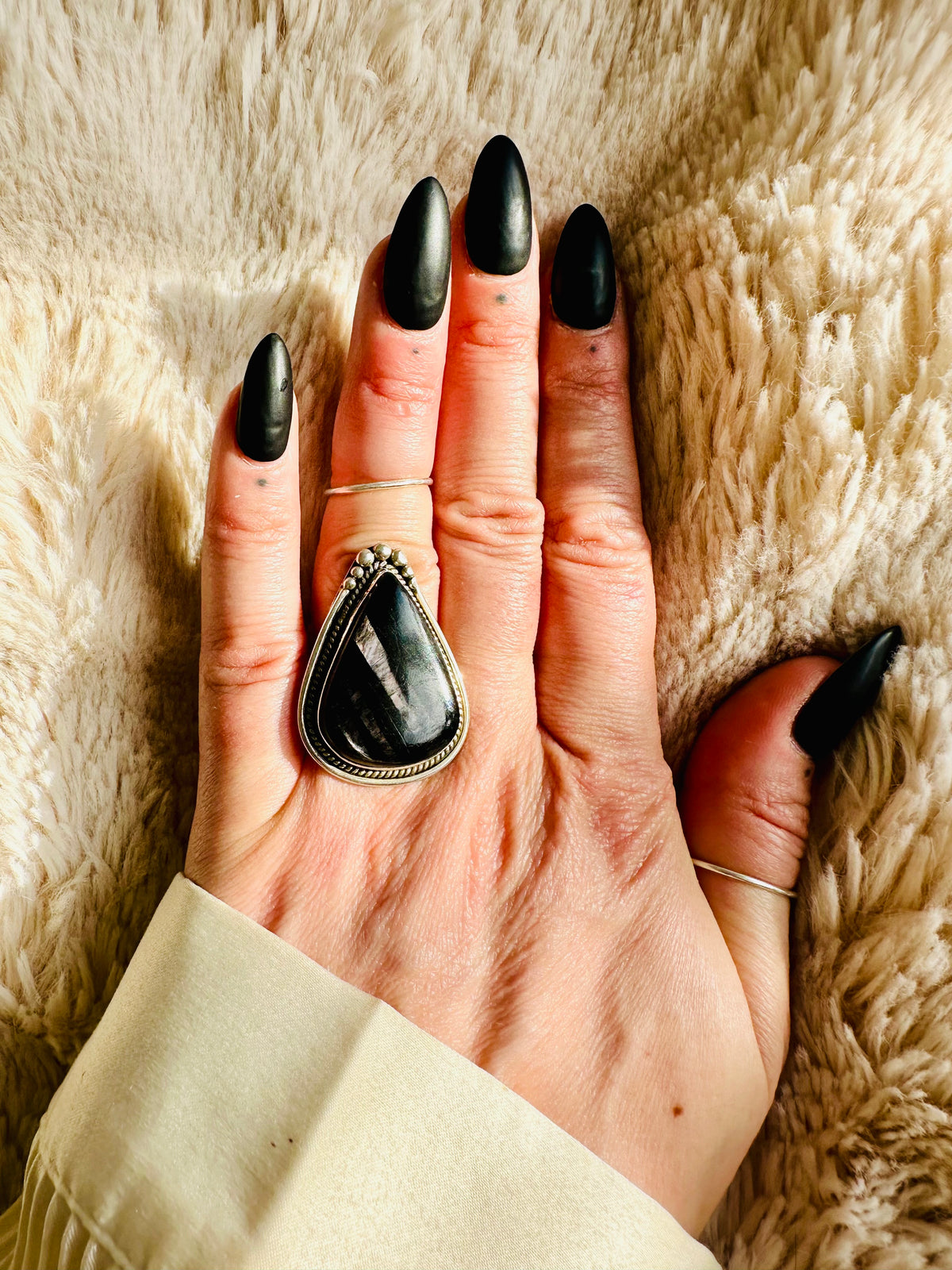 Silver sheen black obsidian teardrop in a beaded sterling silver bezel - Let's Jam handmade jewellery, Camden Market