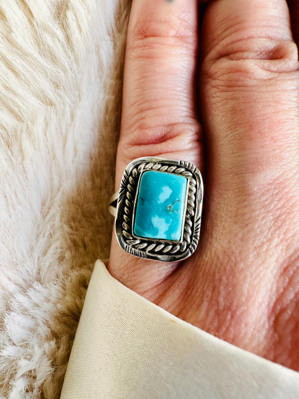Rectangular sky-blue turquoise cabochon ring with pale white matrix, set in a rope-edged sterling silver bezel - Let's Jam jewellery collection