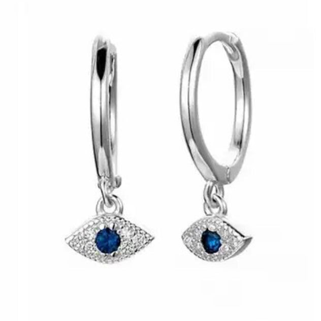 Sterling silver hoop earrings with a dangling blue evil eye charm - Let's Jam, Camden Town London