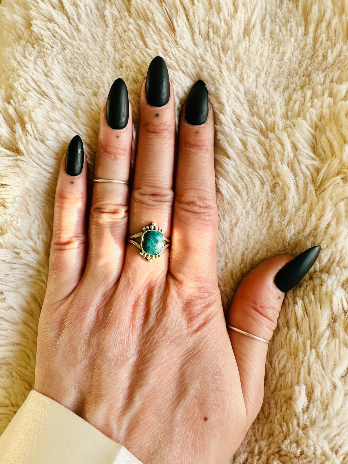 Square cut turquoise ring in a beaded sterling silver setting - Let's Jam jewellery, Camden Market