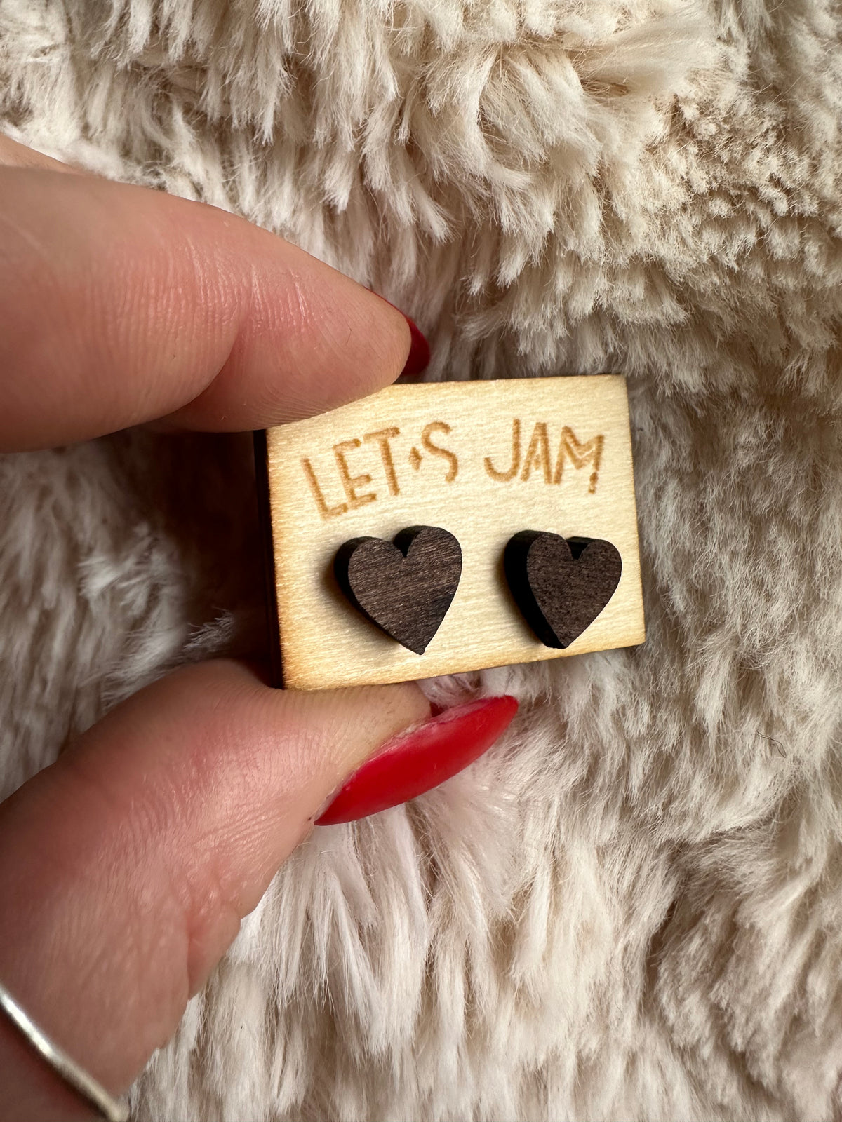 Heart-shaped wooden stud earrings with a soft natural finish - Let's Jam, Camden Town London