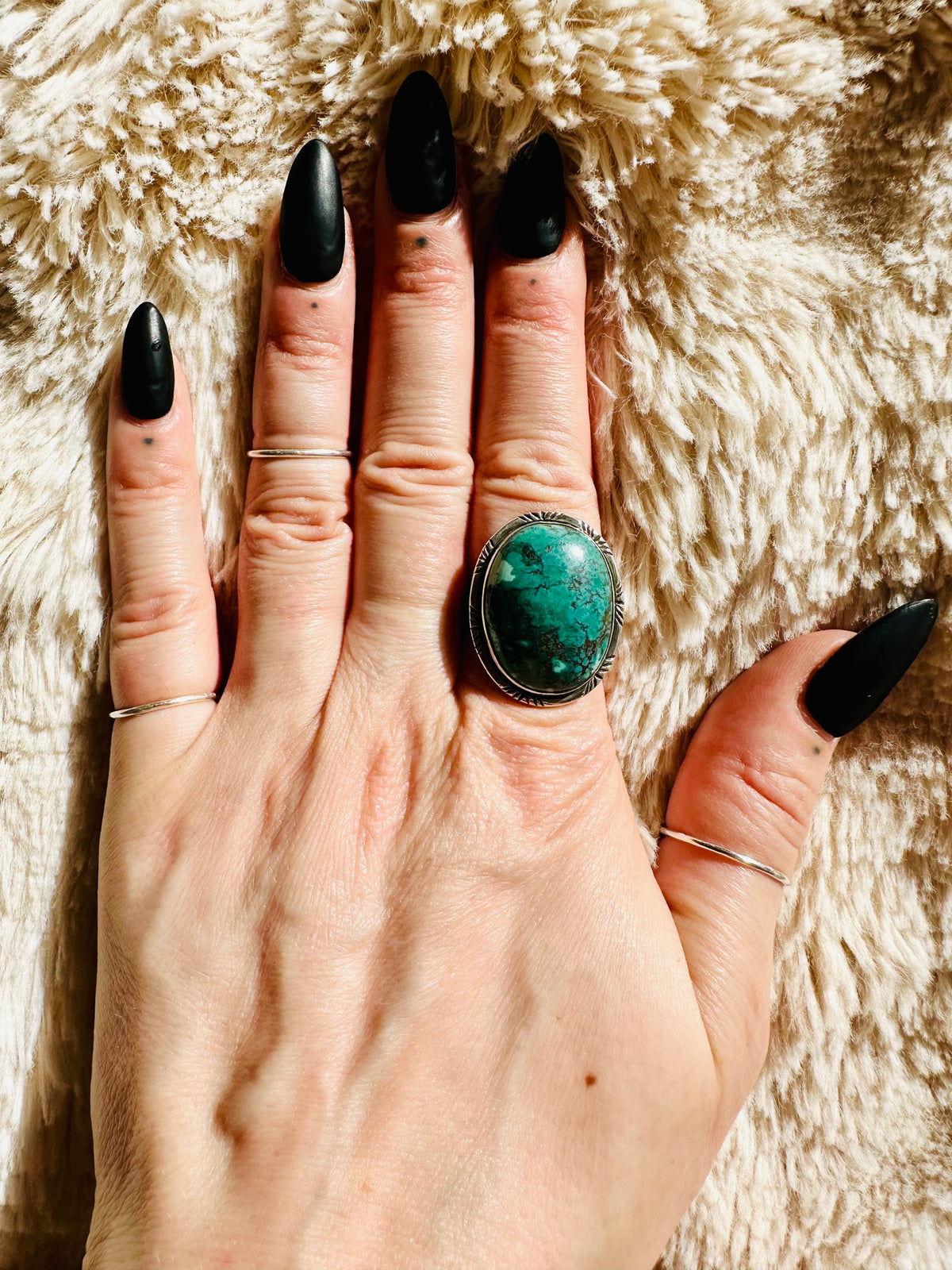 Statement turquoise ring in 925 sterling silver with a deep green matrix stone - Let's Jam handmade jewellery, Camden Market