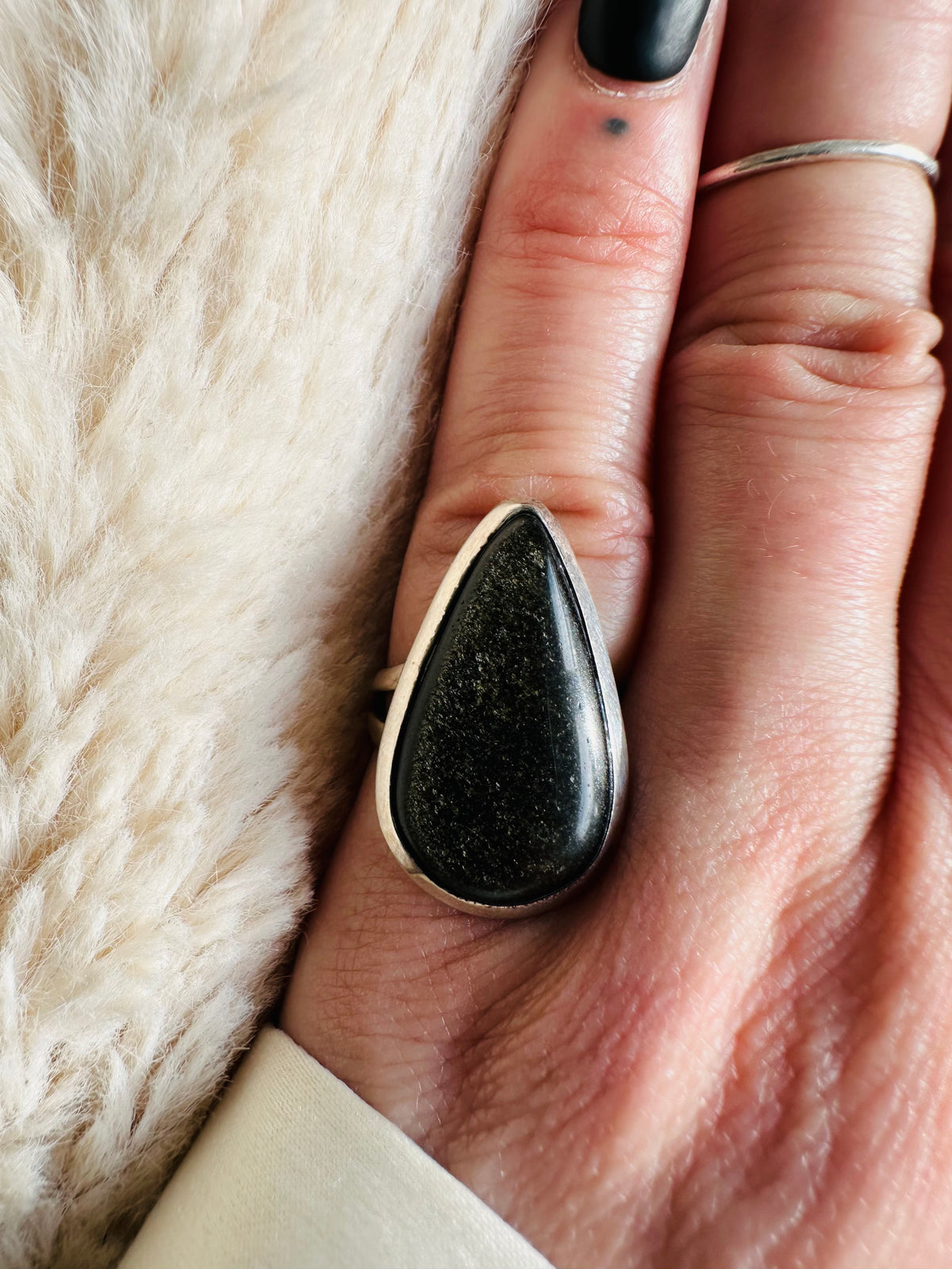 Gold sheen black obsidian teardrop cabochon in sterling silver - Let's Jam handmade jewellery, Camden Market