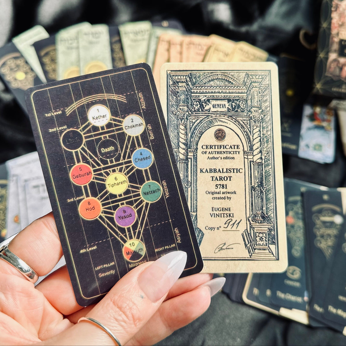 Kabbalistic Tarot 5781 deck box with its gold Hebrew lettering - Let's Jam tarot and oracle, Camden Market
