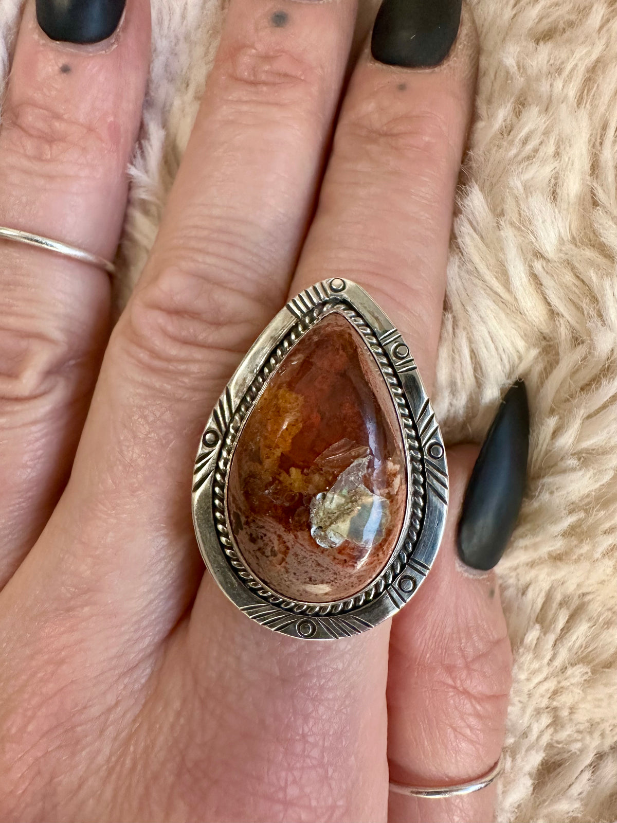 Mexican fire opal ring in 925 sterling silver, teardrop cut stone - Let's Jam handmade jewellery, Camden Market