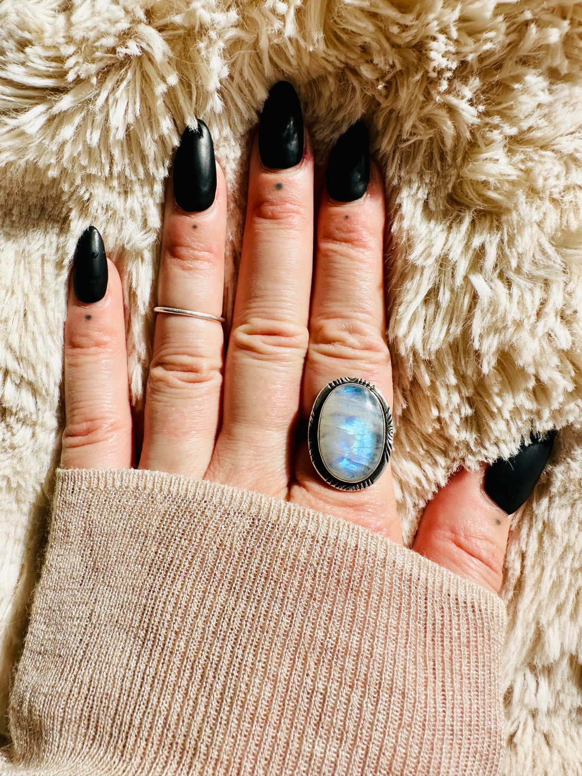 Large oval moonstone in an oxidised sterling silver setting - Let's Jam handmade jewellery, Camden Market