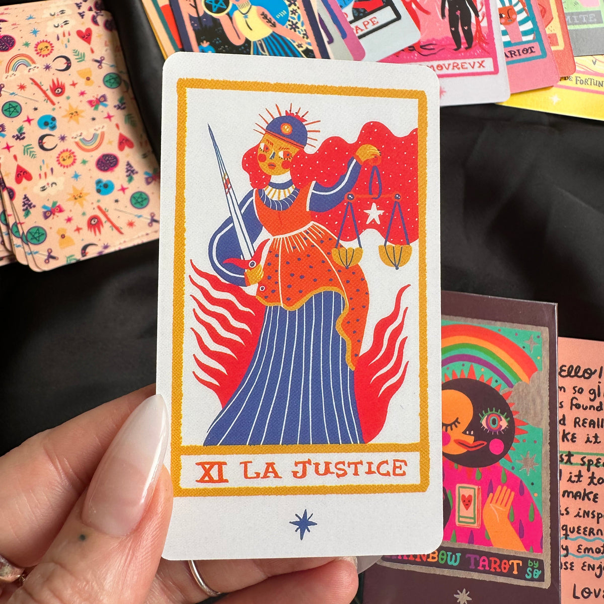 Rainbow Tarot deck shown with the drawstring bag and smudging stick included - Let's Jam, Camden Town London