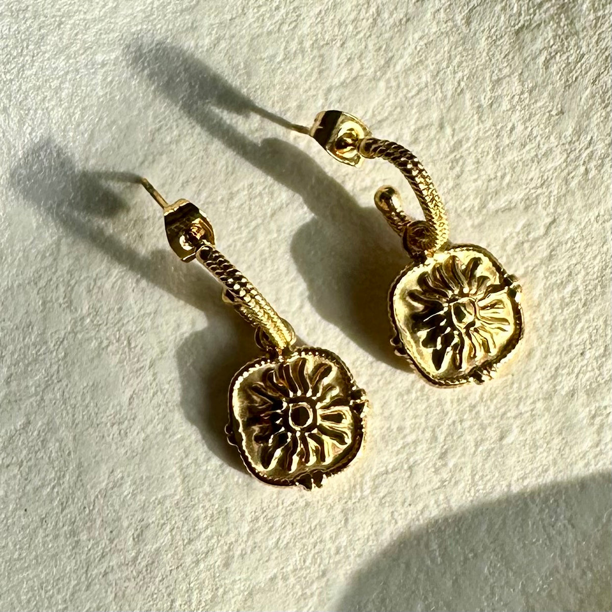 Reversible moon and sun charm hoop earrings in 18k gold plating - Let's Jam, Camden Market