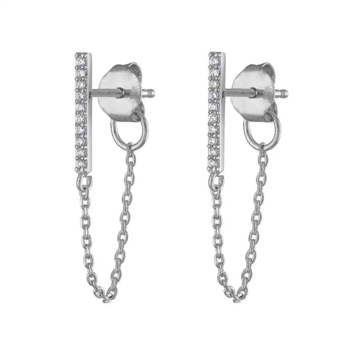 Detail of the zirconia bar stud earring and its draping chain - Let's Jam, Camden Town